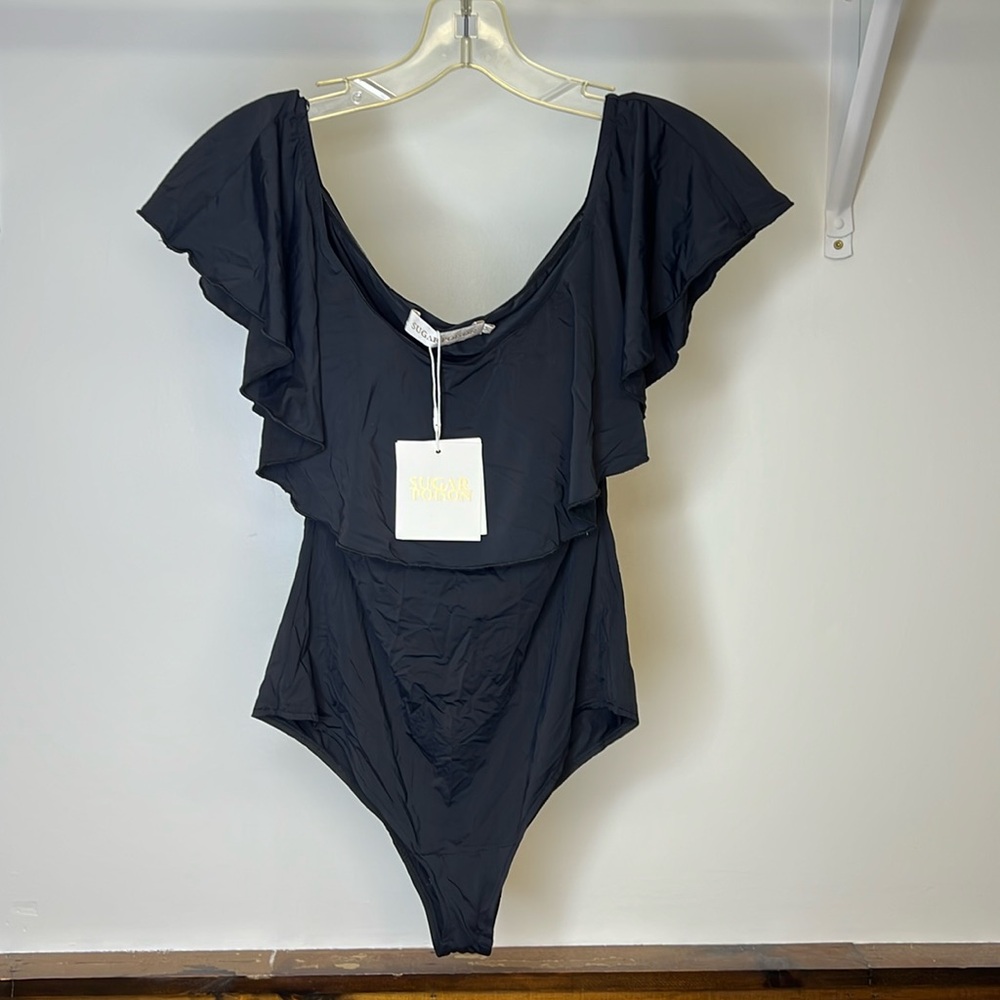 NWT Amazon Sugar‎ Poison Black Ruffle One Piece Swimsuit- M